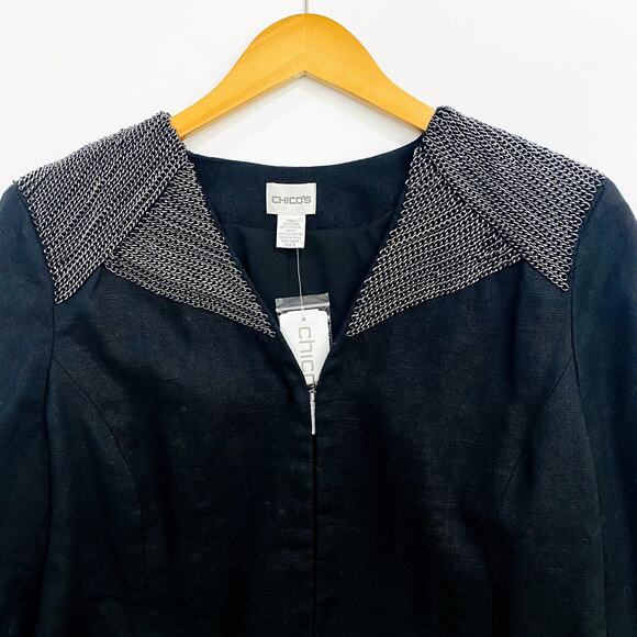 Chico's Chained Galloway Jacket Womens Size 3 Lined Black 3/4 Linen Blend Career - Picture 2 of 10